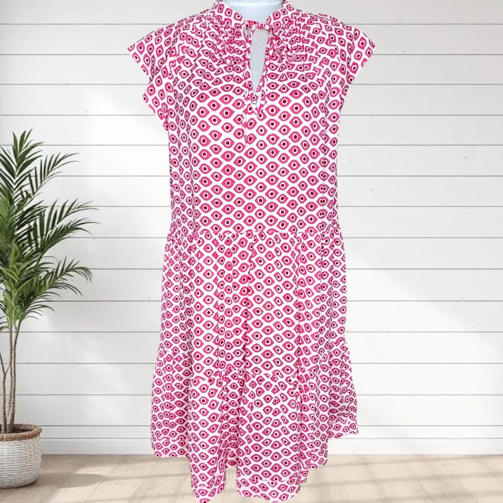 Zadig & Voltaire Rito Eyes Dress Pink White Geometric Cap Sleeve Floral Ruffle S